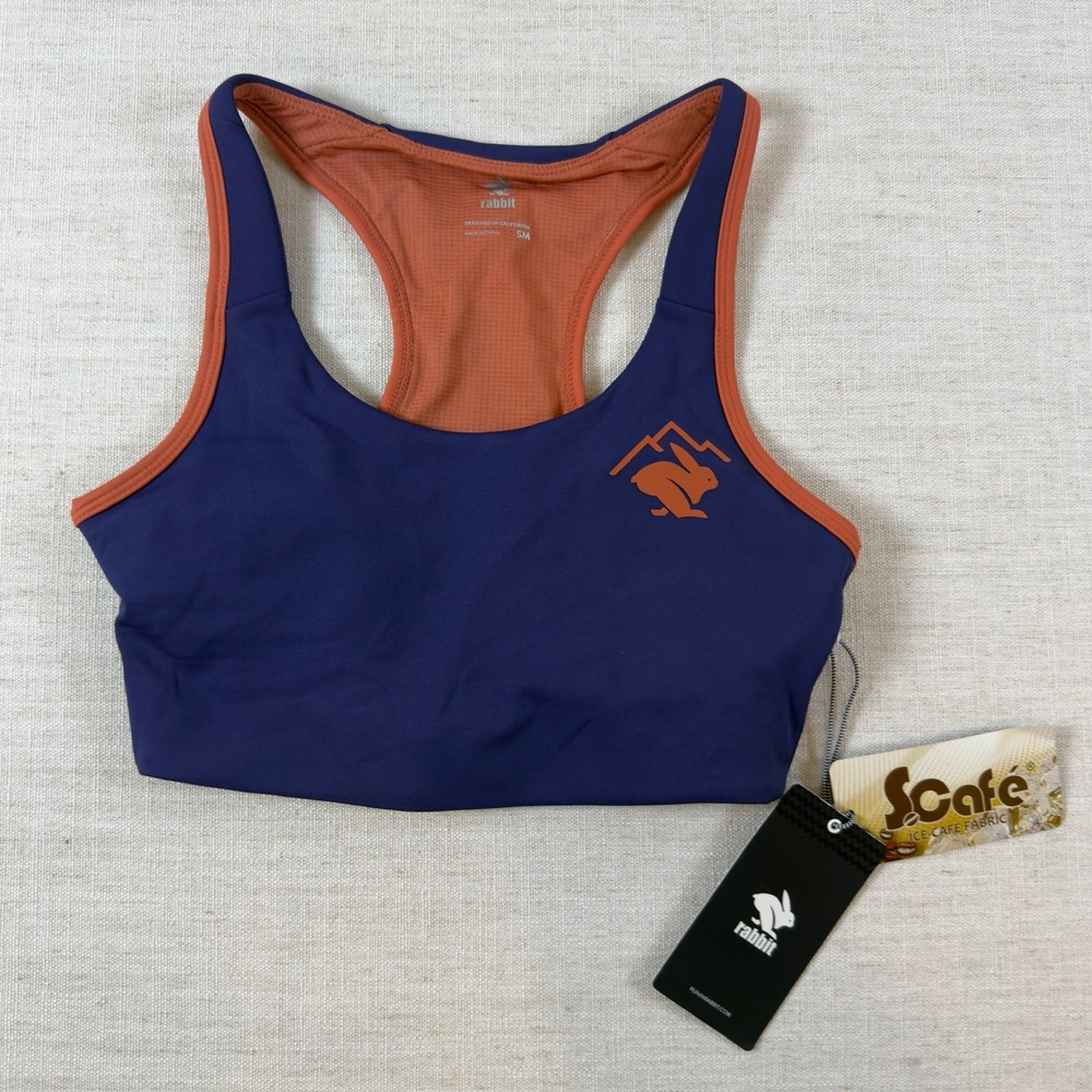 Rabbit Running Sports Bra Navy Orange S.Cafe Racerback RW549 Size Small NWT